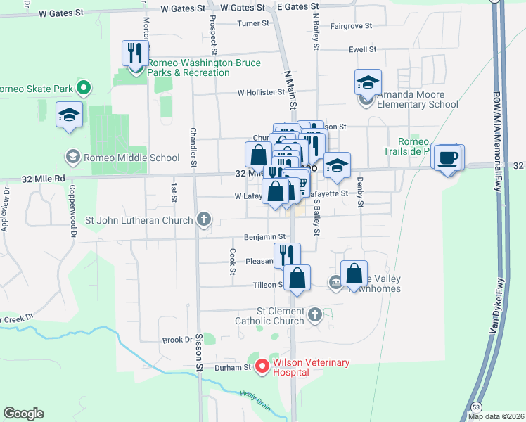 map of restaurants, bars, coffee shops, grocery stores, and more near 155 South Rawles Street in Romeo