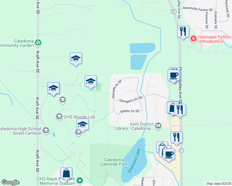 map of restaurants, bars, coffee shops, grocery stores, and more near 8981 Alanada Drive Southeast in Caledonia