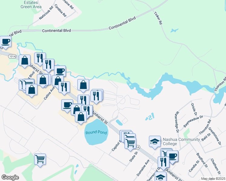 map of restaurants, bars, coffee shops, grocery stores, and more near 3 New Haven Drive in Nashua