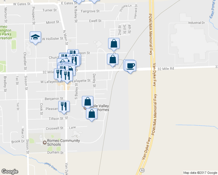 map of restaurants, bars, coffee shops, grocery stores, and more near 129 Haddam Street in Romeo