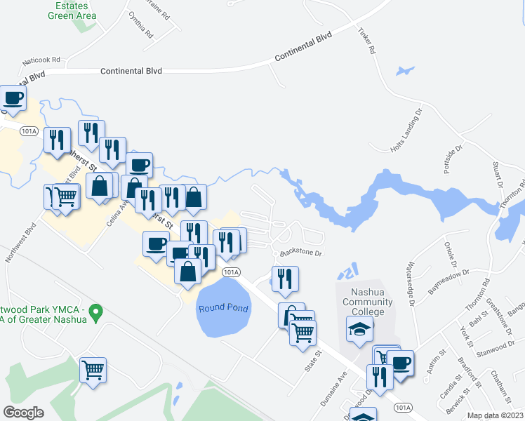 map of restaurants, bars, coffee shops, grocery stores, and more near 5 New Haven Drive in Nashua