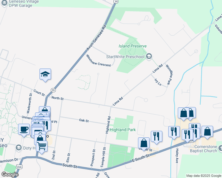 map of restaurants, bars, coffee shops, grocery stores, and more near 18 Livingston Street in Geneseo