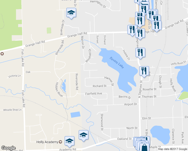 map of restaurants, bars, coffee shops, grocery stores, and more near 744 Hartner Street in Holly
