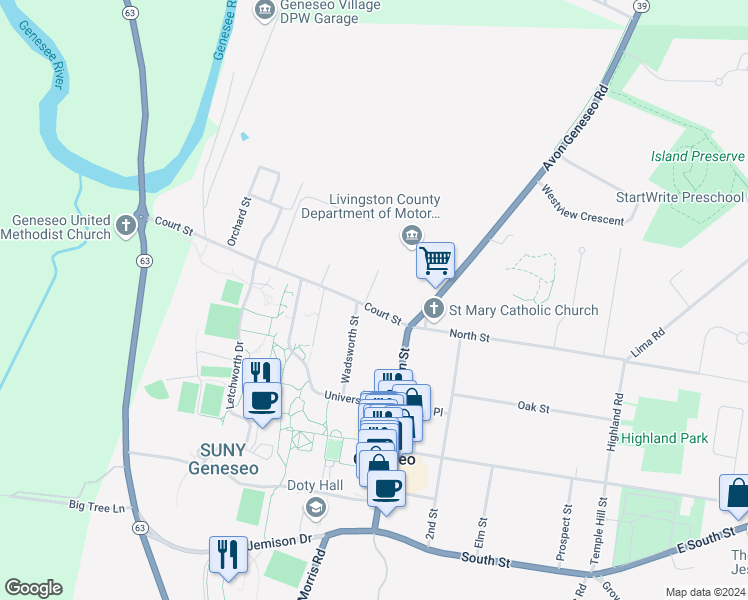 map of restaurants, bars, coffee shops, grocery stores, and more near 10 Court Street in Geneseo