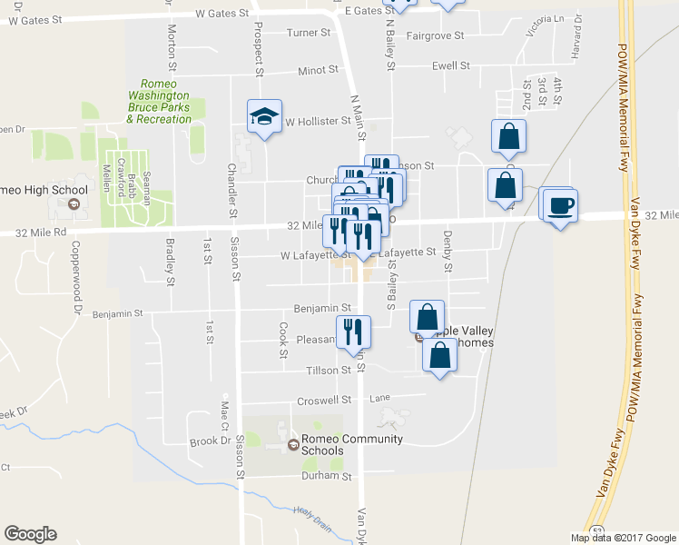 map of restaurants, bars, coffee shops, grocery stores, and more near 155 South Rawles Street in Romeo