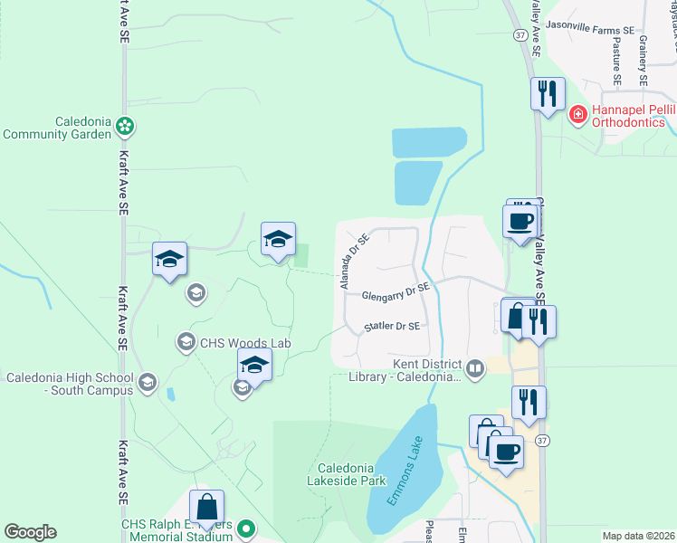 map of restaurants, bars, coffee shops, grocery stores, and more near 8981 Alanada Dr SE in Caledonia