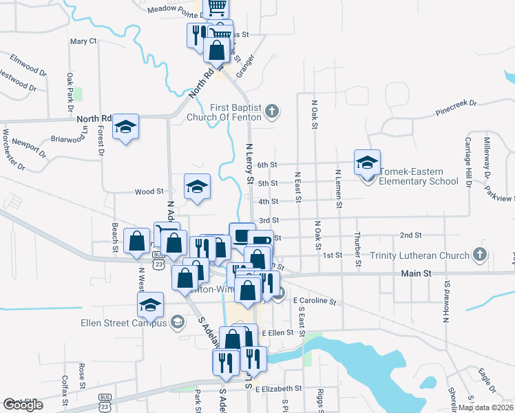 map of restaurants, bars, coffee shops, grocery stores, and more near 526 North Leroy Street in Fenton