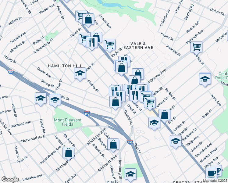 map of restaurants, bars, coffee shops, grocery stores, and more near 945 Emmett Street in Schenectady