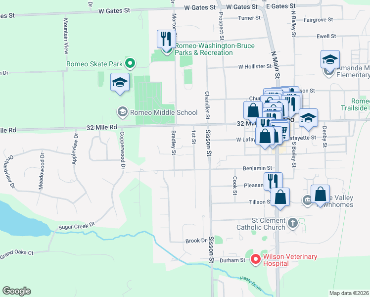 map of restaurants, bars, coffee shops, grocery stores, and more near 150 1st Street in Romeo