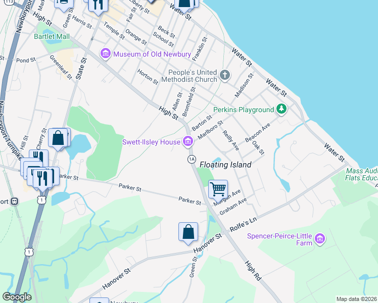 map of restaurants, bars, coffee shops, grocery stores, and more near 8 High Road in Newbury