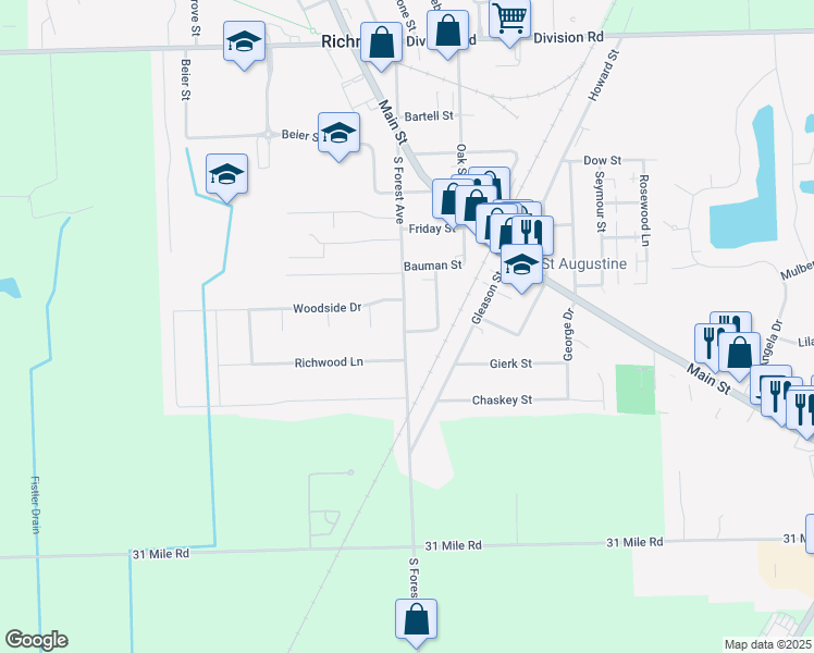 map of restaurants, bars, coffee shops, grocery stores, and more near 67840 South Forest Avenue in Richmond