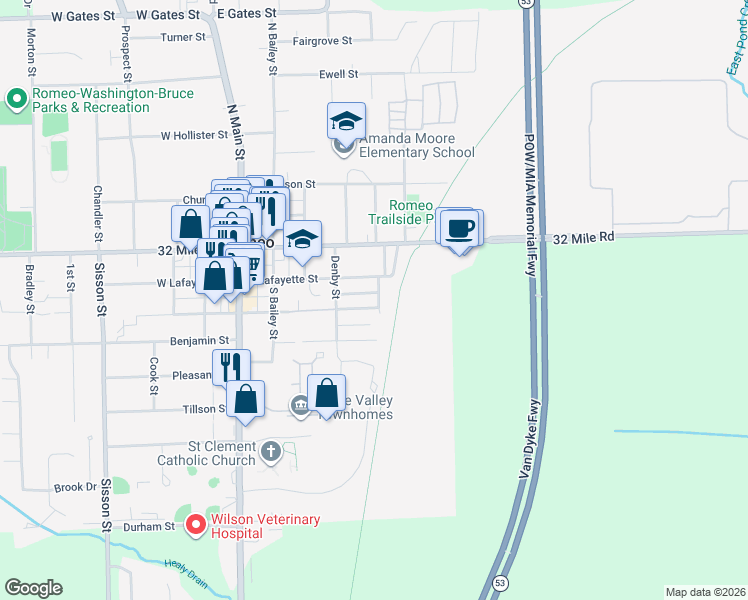 map of restaurants, bars, coffee shops, grocery stores, and more near 129 Haddam Street in Romeo