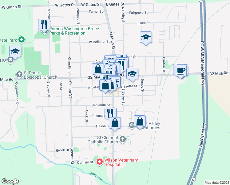 map of restaurants, bars, coffee shops, grocery stores, and more near 151 South Main Street in Romeo