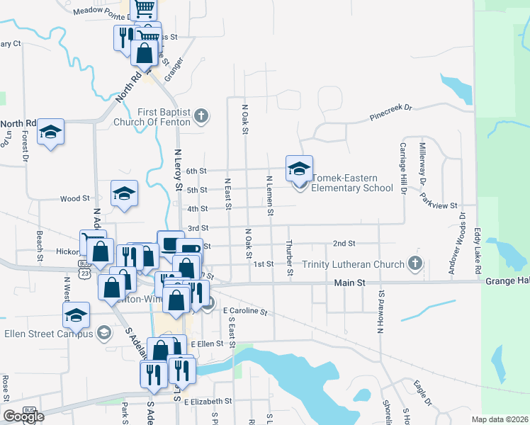 map of restaurants, bars, coffee shops, grocery stores, and more near 509 North Lemen Street in Fenton