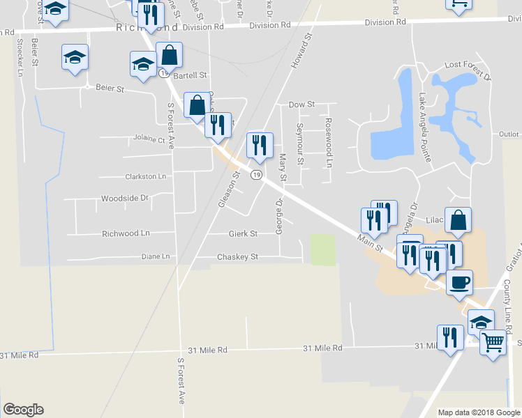 map of restaurants, bars, coffee shops, grocery stores, and more near 67840 Howard Street in Richmond
