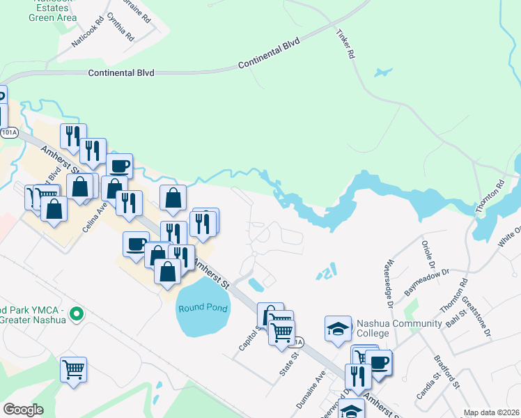 map of restaurants, bars, coffee shops, grocery stores, and more near 2 New Haven Drive in Nashua