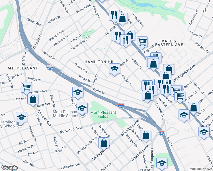 map of restaurants, bars, coffee shops, grocery stores, and more near 931 Strong Street in Schenectady