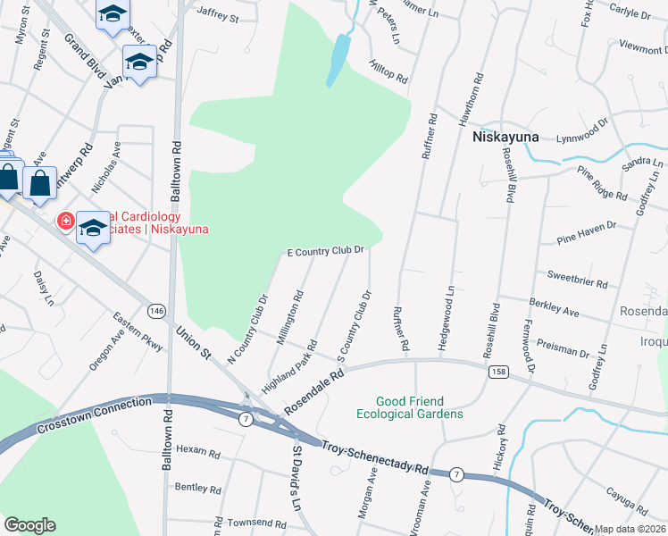 map of restaurants, bars, coffee shops, grocery stores, and more near 1181 Highland Park Road in Schenectady County