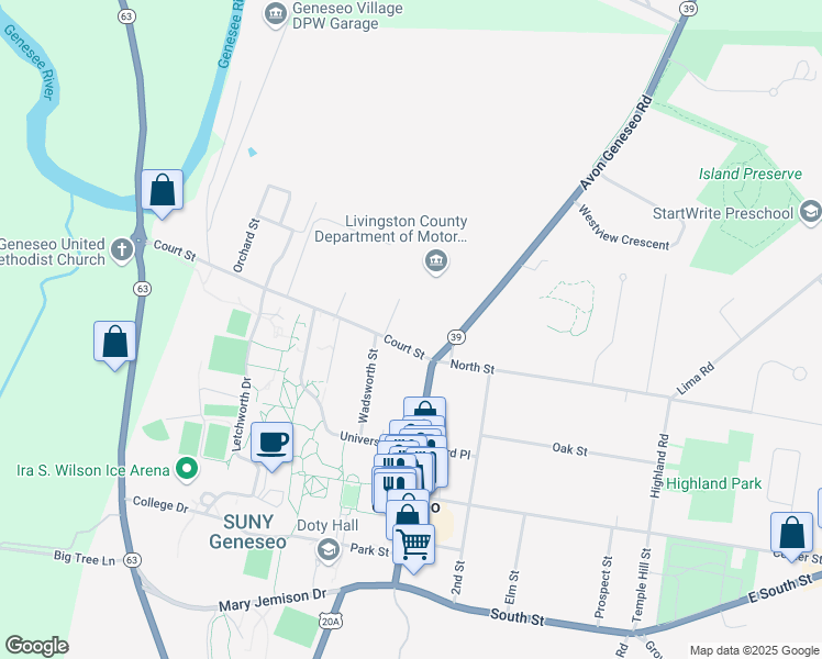 map of restaurants, bars, coffee shops, grocery stores, and more near 10 Court Street in Geneseo