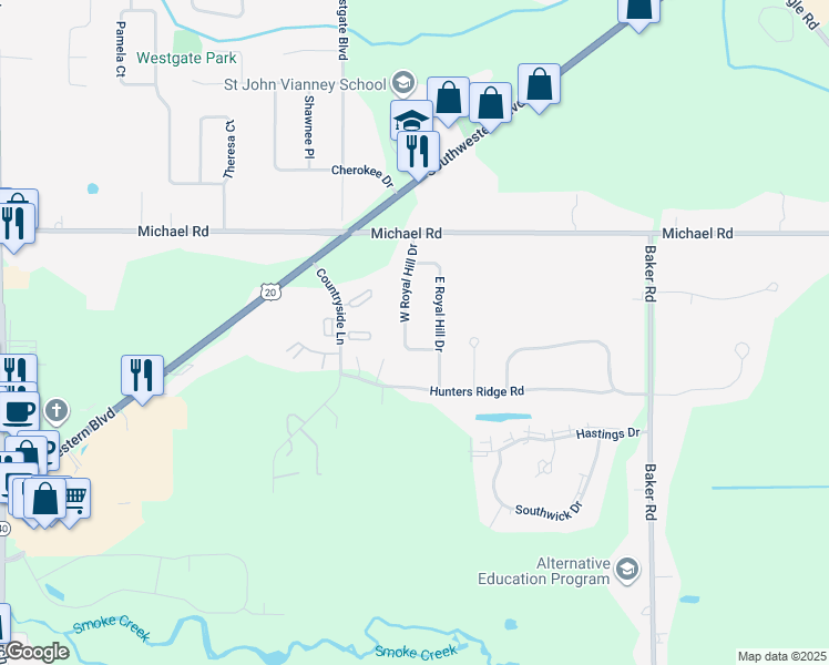 map of restaurants, bars, coffee shops, grocery stores, and more near 23 West Royal Hill Drive in Orchard Park