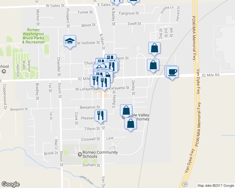 map of restaurants, bars, coffee shops, grocery stores, and more near 153 S Bailey St in Romeo