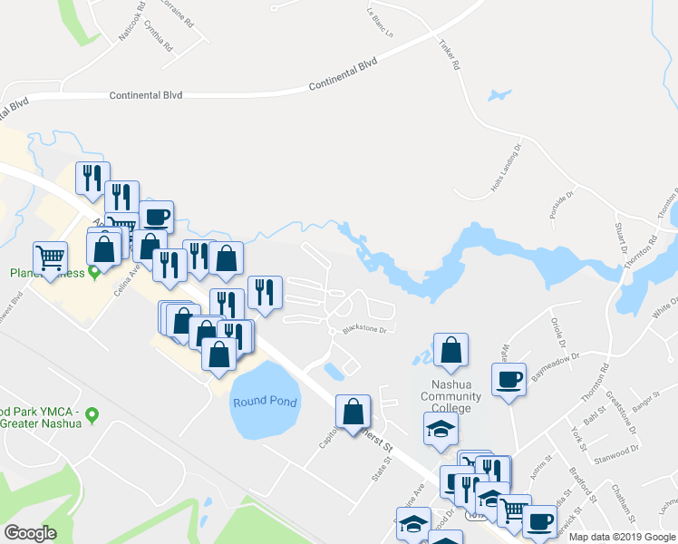 map of restaurants, bars, coffee shops, grocery stores, and more near 3 Knights Bridge Drive in Nashua