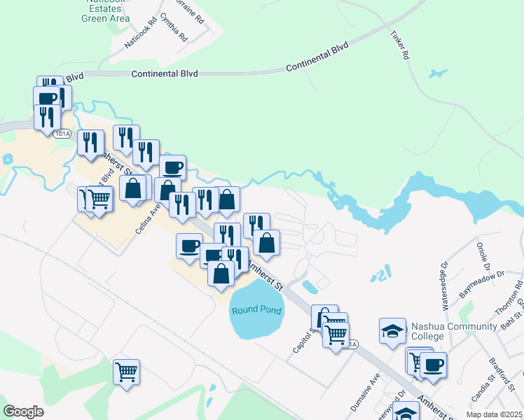 map of restaurants, bars, coffee shops, grocery stores, and more near 5 New Haven Drive in Nashua