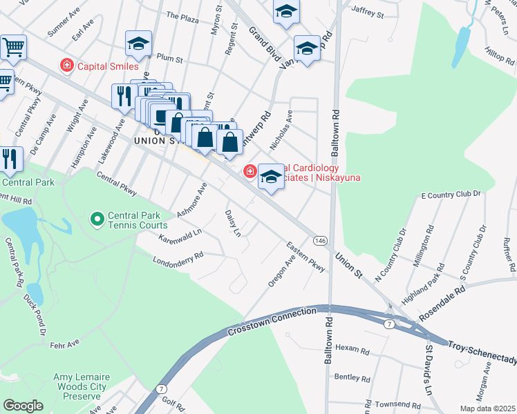 map of restaurants, bars, coffee shops, grocery stores, and more near 1786 New York 146 in Schenectady County