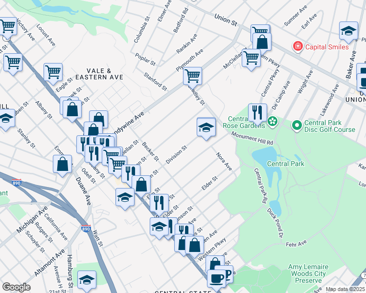 map of restaurants, bars, coffee shops, grocery stores, and more near 227 Division Street in Schenectady