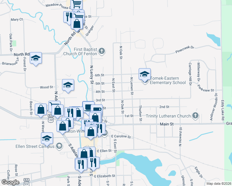 map of restaurants, bars, coffee shops, grocery stores, and more near 530 North East Street in Fenton