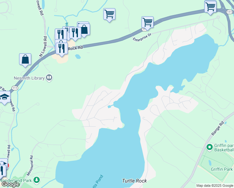 map of restaurants, bars, coffee shops, grocery stores, and more near 43 1st Street in Windham