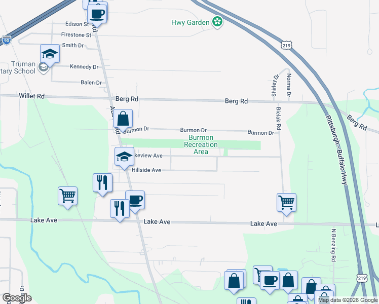 map of restaurants, bars, coffee shops, grocery stores, and more near 272 Lakeview Avenue in Orchard Park