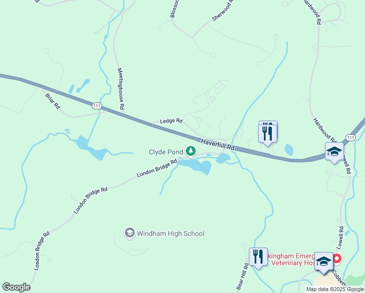 map of restaurants, bars, coffee shops, grocery stores, and more near 47 Haverhill Road in Windham