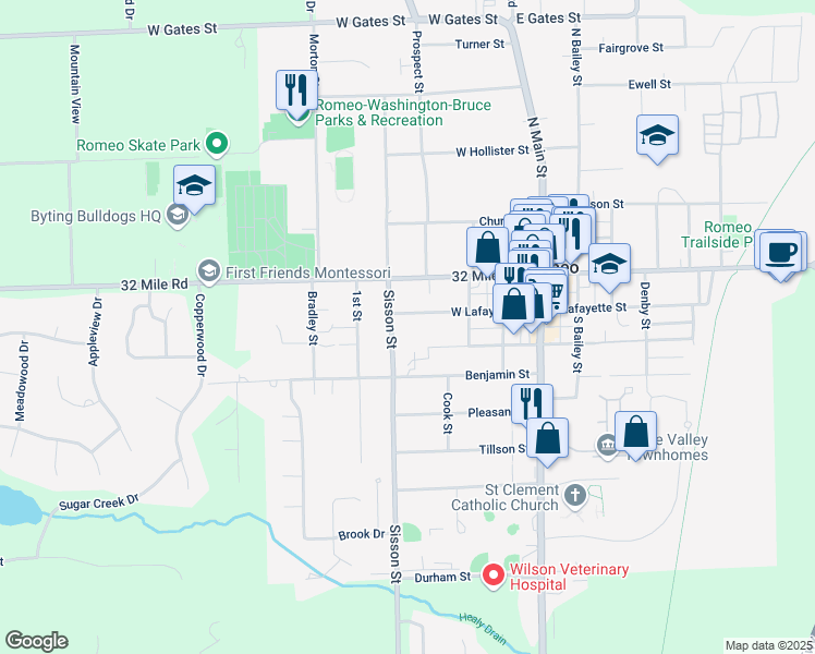 map of restaurants, bars, coffee shops, grocery stores, and more near 147 Sisson Street in Romeo