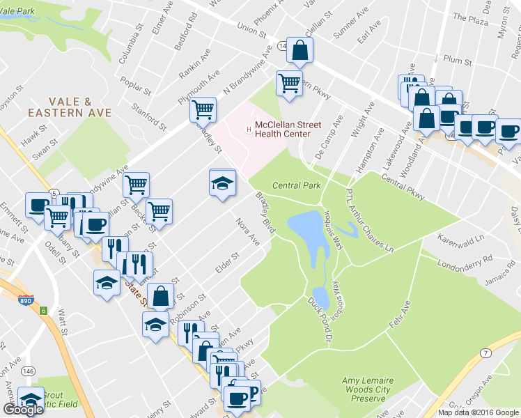 map of restaurants, bars, coffee shops, grocery stores, and more near 250 Bradley Boulevard in Schenectady