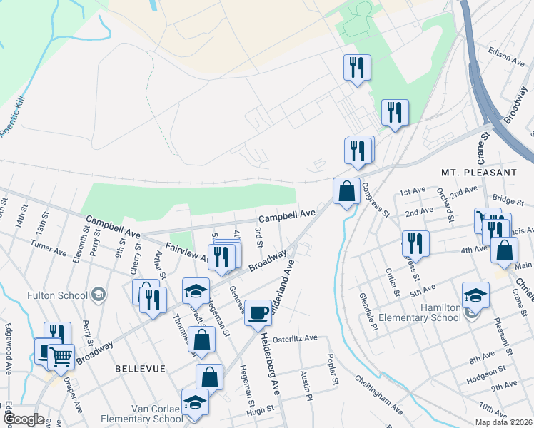 map of restaurants, bars, coffee shops, grocery stores, and more near 1713 Campbell Avenue in Schenectady