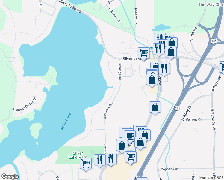 map of restaurants, bars, coffee shops, grocery stores, and more near 15384 Bealfred Drive in Fenton