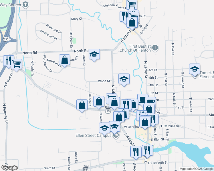 map of restaurants, bars, coffee shops, grocery stores, and more near 507 North Adelaide Street in Fenton