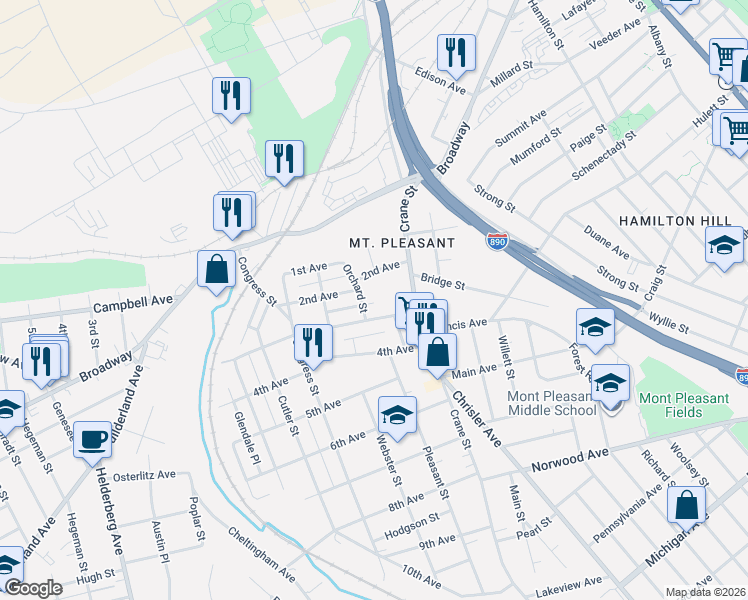 map of restaurants, bars, coffee shops, grocery stores, and more near 1106 3rd Avenue in Schenectady