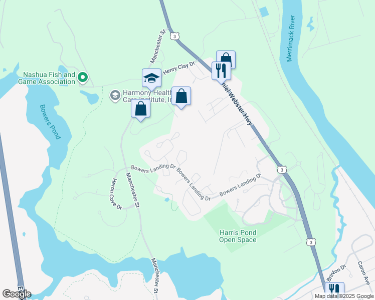 map of restaurants, bars, coffee shops, grocery stores, and more near 27 Hanna Circle in Merrimack