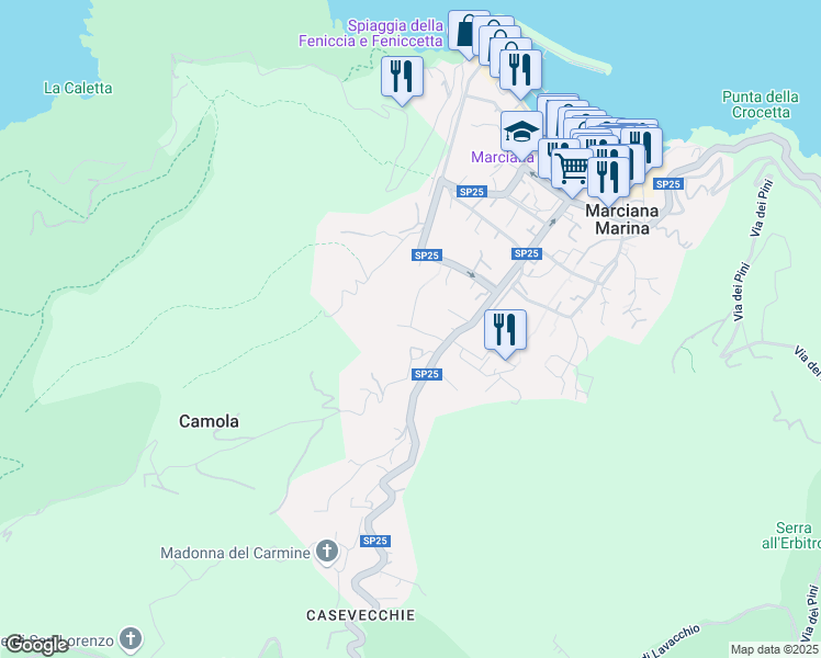 map of restaurants, bars, coffee shops, grocery stores, and more near 12 Località Ontanelli in Marciana Marina