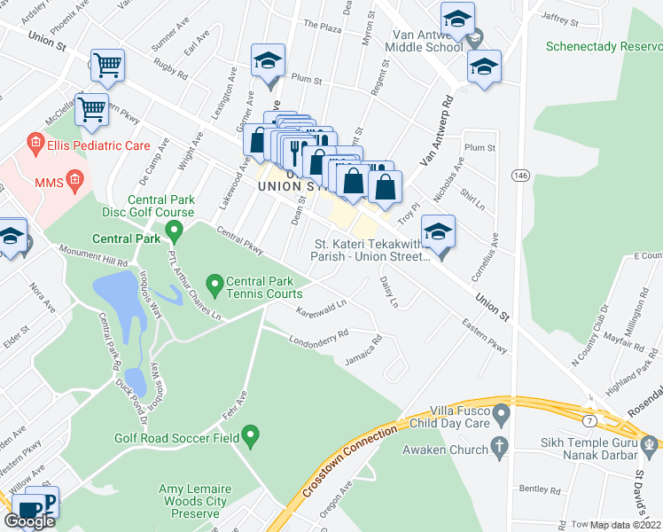 map of restaurants, bars, coffee shops, grocery stores, and more near 821 Ashmore Avenue in Schenectady
