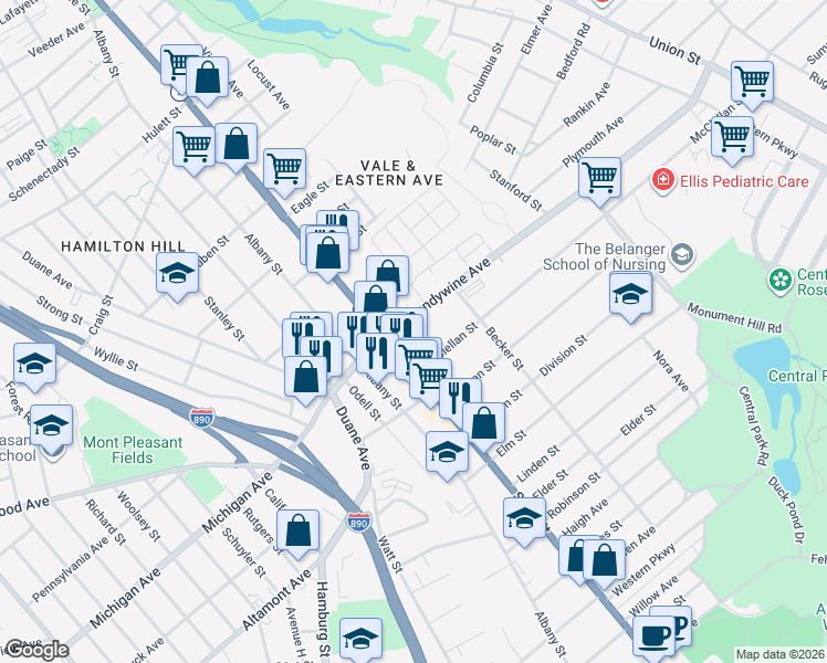 map of restaurants, bars, coffee shops, grocery stores, and more near 22 North Brandywine Avenue in Schenectady