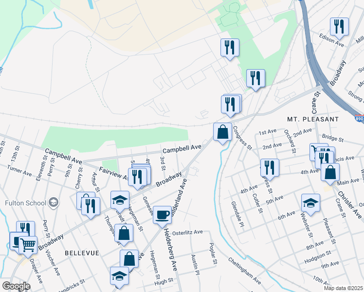map of restaurants, bars, coffee shops, grocery stores, and more near 1665 Campbell Avenue in Schenectady