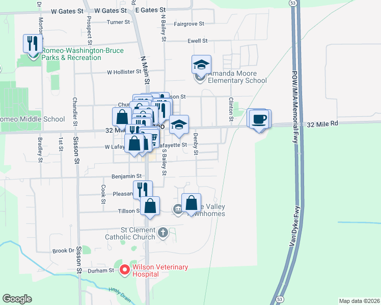 map of restaurants, bars, coffee shops, grocery stores, and more near 274 East Lafayette Street in Romeo