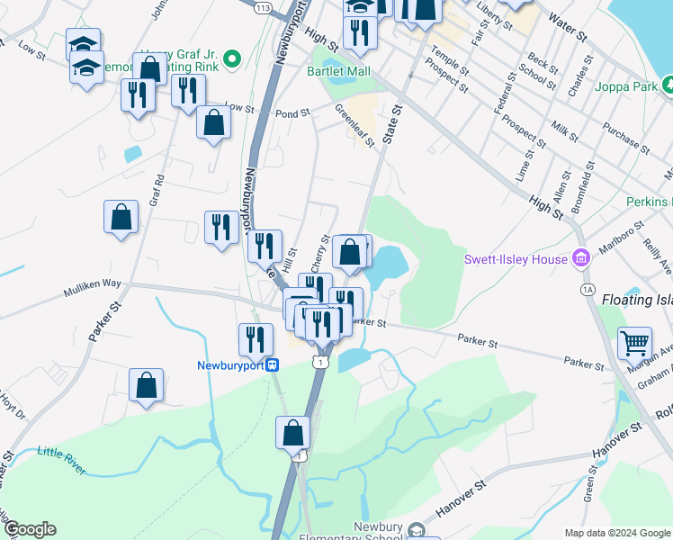 map of restaurants, bars, coffee shops, grocery stores, and more near 174 State Street in Newburyport