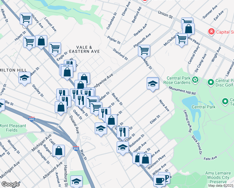 map of restaurants, bars, coffee shops, grocery stores, and more near 1579 Becker Street in Schenectady