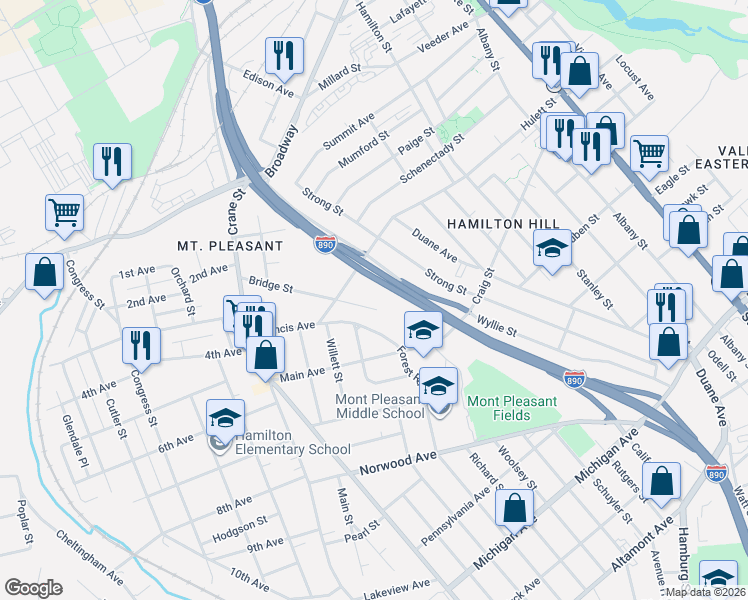 map of restaurants, bars, coffee shops, grocery stores, and more near 1062 Bridge Street in Schenectady