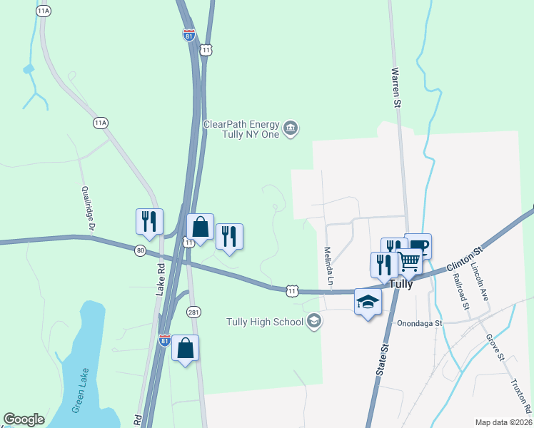 map of restaurants, bars, coffee shops, grocery stores, and more near 5821 New York 80 in Tully