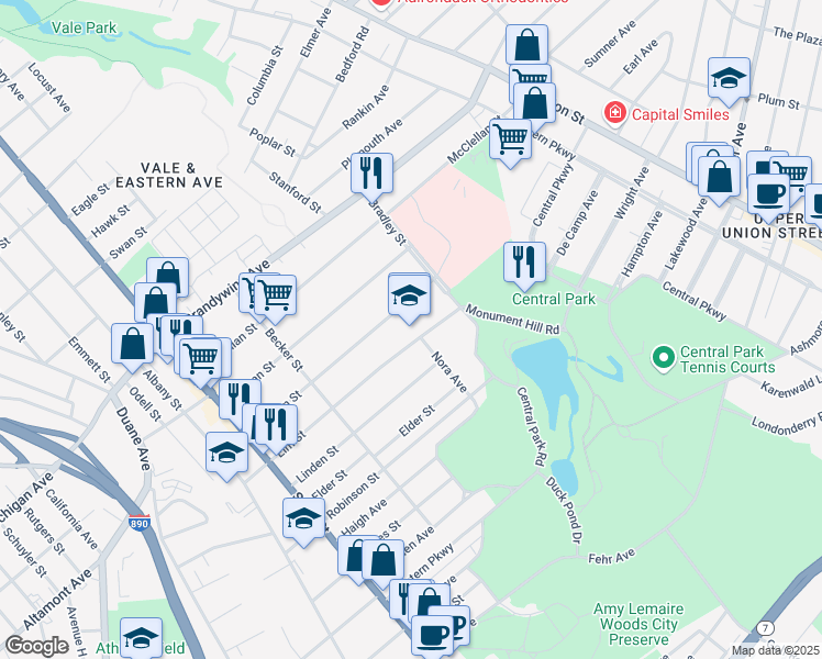 map of restaurants, bars, coffee shops, grocery stores, and more near 421 Elm Street in Schenectady